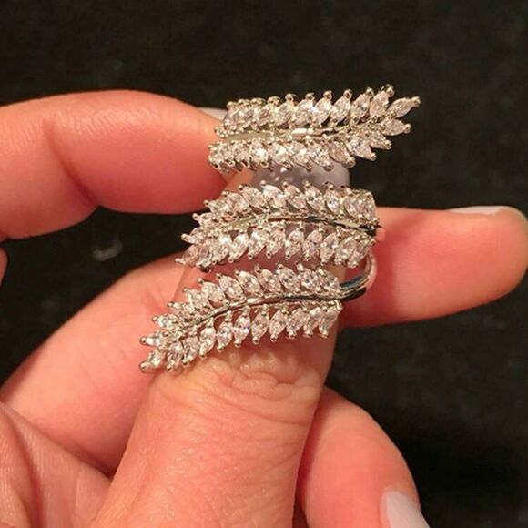 Cubic Zirconia Leaf Shaped Open Ring - Picture 2 of 13